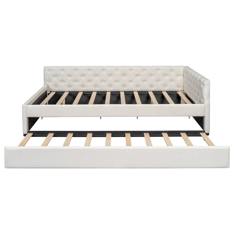 Canapé-lit capitonné en lin avec lit gigogne Twin XL, Full XL, Beige/Rose, 2 couchages