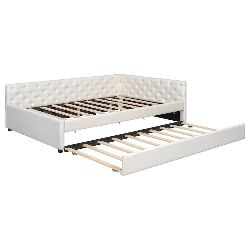 Canapé-lit capitonné en lin avec lit gigogne Twin XL, Full XL, Beige/Rose, 2 couchages
