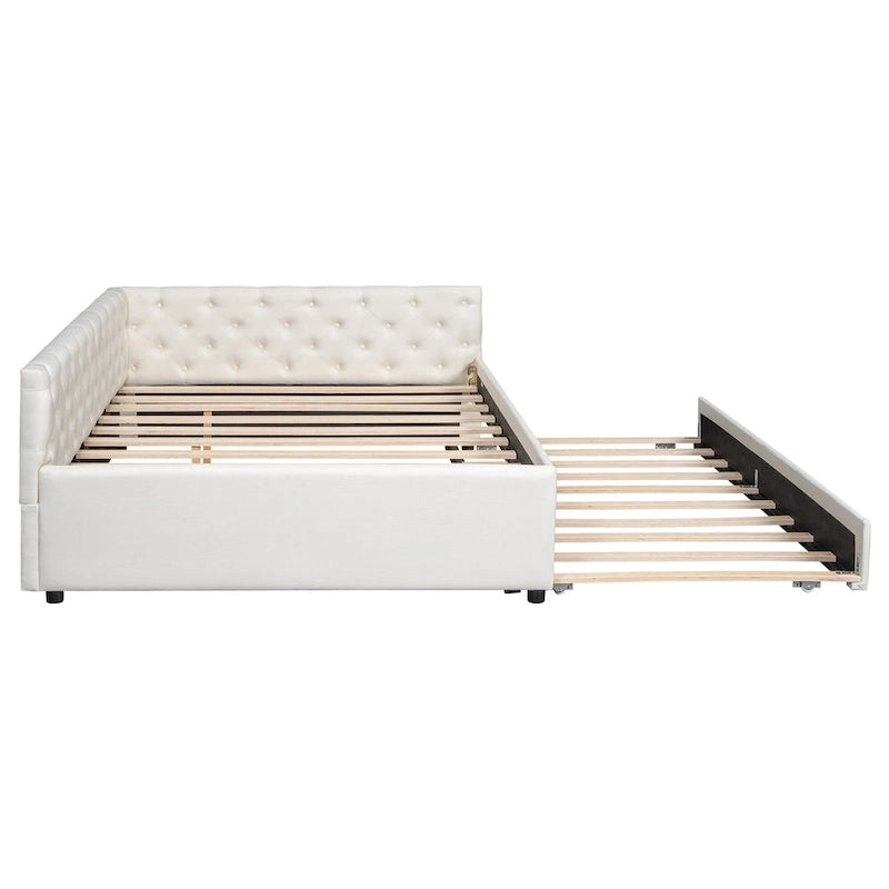 Canapé-lit capitonné en lin avec lit gigogne Twin XL, Full XL, Beige/Rose, 2 couchages