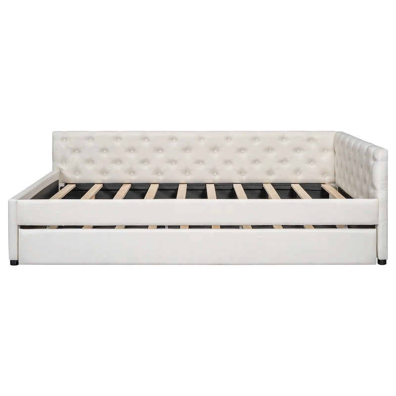 Canapé-lit capitonné en lin avec lit gigogne Twin XL, Full XL, Beige/Rose, 2 couchages