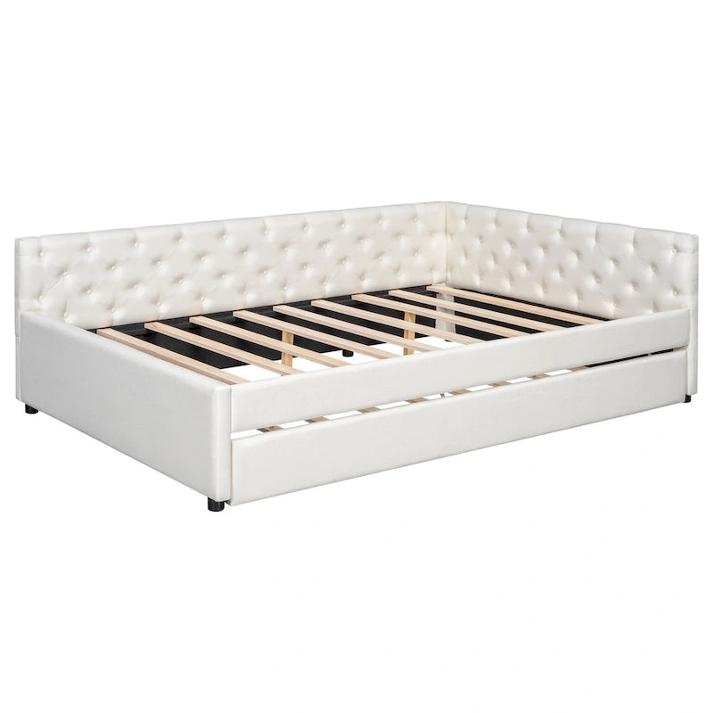 Canapé-lit capitonné en lin avec lit gigogne Twin XL, Full XL, Beige/Rose, 2 couchages