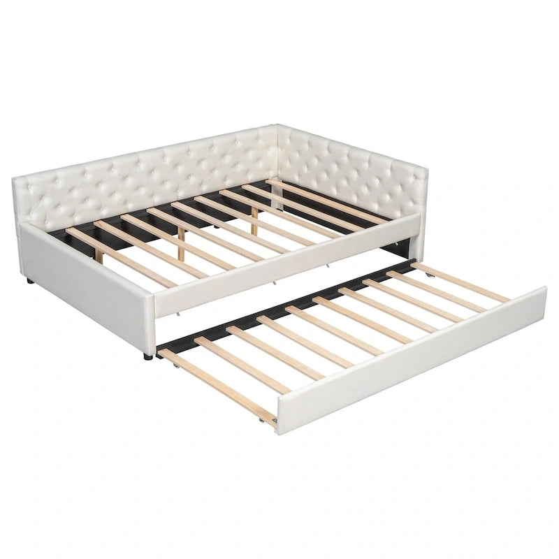 Canapé-lit capitonné en lin avec lit gigogne Twin XL, Full XL, Beige/Rose, 2 couchages