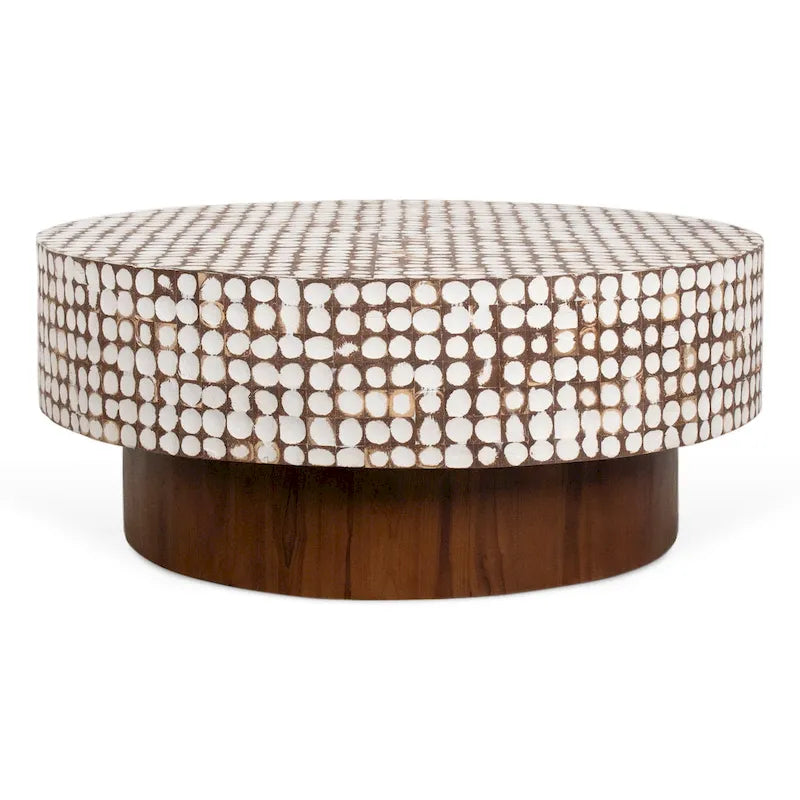 Table basse ronde incrustée de coquilles de noix de coco – Blanc / Naturel, 2 à 4 places