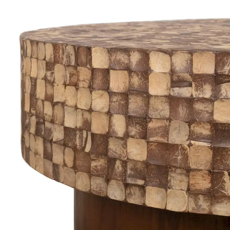 Table basse ronde incrustée de coquilles de noix de coco – Blanc / Naturel, 2 à 4 places