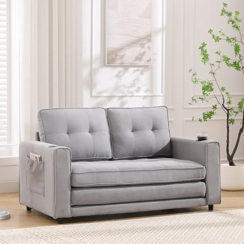 Canapé-lit futon convertible 3-en-1, 2 places, Gris clair / Beige / Gris foncé / Marron
