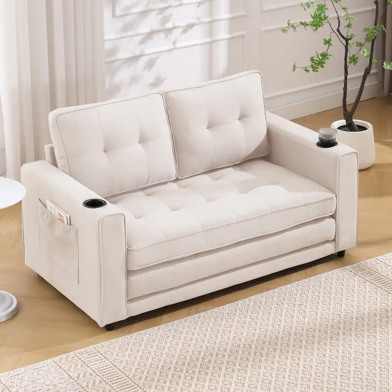 Canapé-lit futon convertible 3-en-1, 2 places, Gris clair / Beige / Gris foncé / Marron