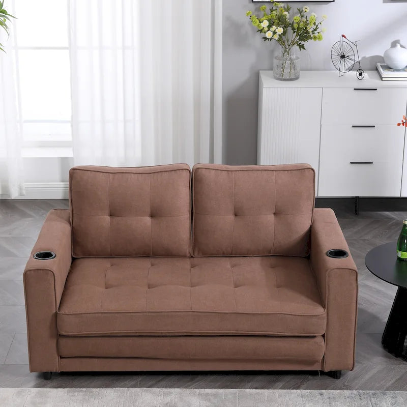 Canapé-lit futon convertible 3-en-1, 2 places, Gris clair / Beige / Gris foncé / Marron