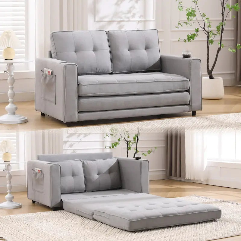 Canapé-lit futon convertible 3-en-1, 2 places, Gris clair / Beige / Gris foncé / Marron