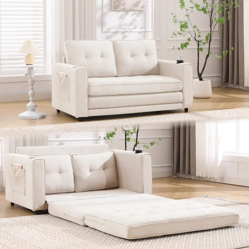 Canapé-lit futon convertible 3-en-1, 2 places, Gris clair / Beige / Gris foncé / Marron