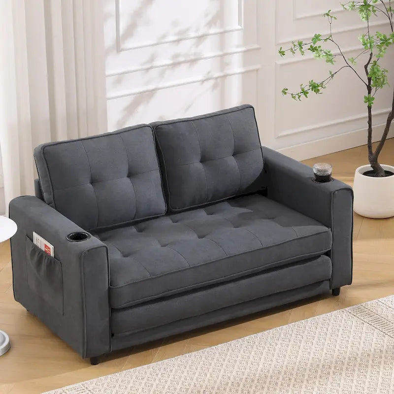 Canapé-lit futon convertible 3-en-1, 2 places, Gris clair / Beige / Gris foncé / Marron