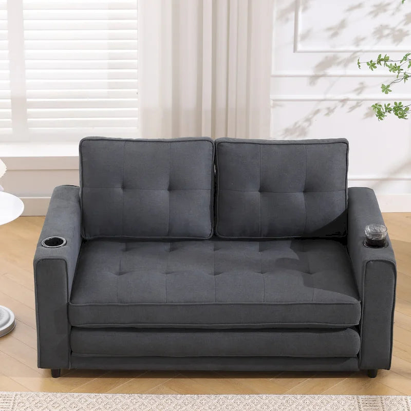 Canapé-lit futon convertible 3-en-1, 2 places, Gris clair / Beige / Gris foncé / Marron