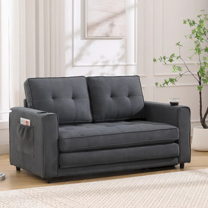 Canapé-lit futon convertible 3-en-1, 2 places, Gris clair / Beige / Gris foncé / Marron