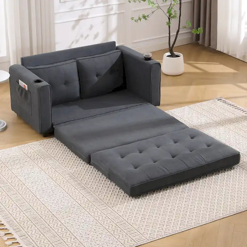 Canapé-lit futon convertible 3-en-1, 2 places, Gris clair / Beige / Gris foncé / Marron