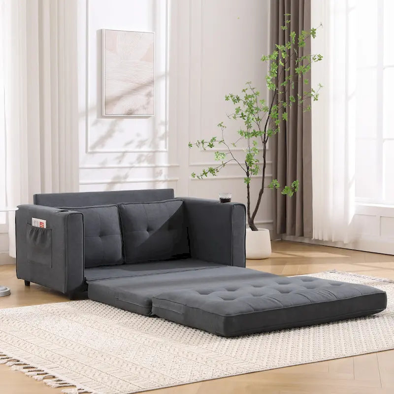 Canapé-lit futon convertible 3-en-1, 2 places, Gris clair / Beige / Gris foncé / Marron