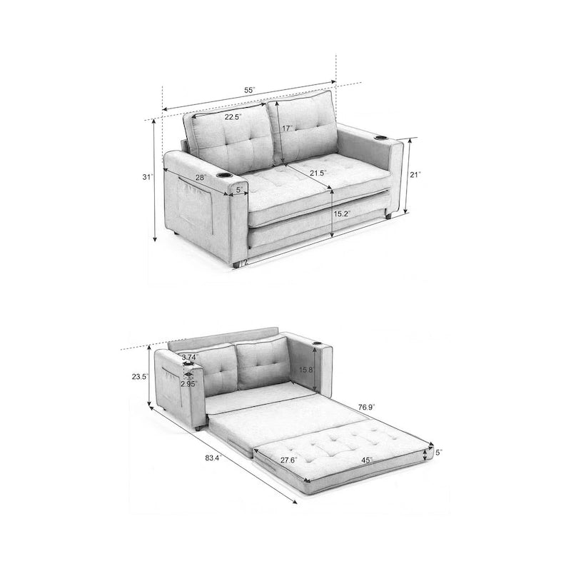 Canapé-lit futon convertible 3-en-1, 2 places, Gris clair / Beige / Gris foncé / Marron