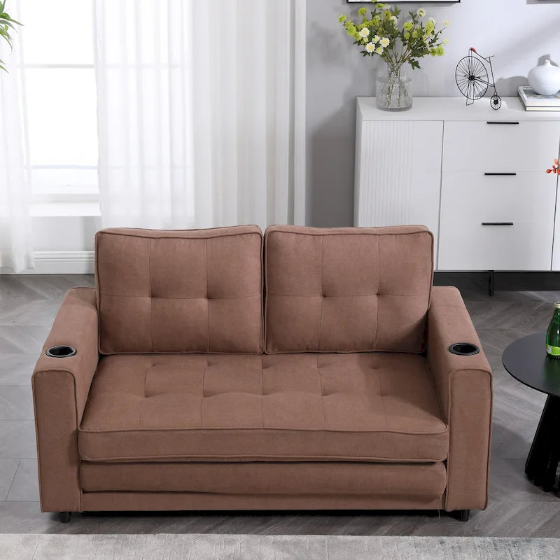 Canapé-lit futon convertible 3-en-1, 2 places, Gris clair / Beige / Gris foncé / Marron