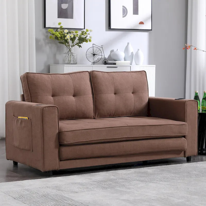 Canapé-lit futon convertible 3-en-1, 2 places, Gris clair / Beige / Gris foncé / Marron