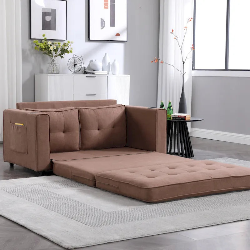 Canapé-lit futon convertible 3-en-1, 2 places, Gris clair / Beige / Gris foncé / Marron
