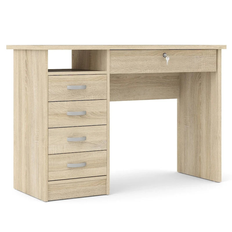 Bureau de travail 5 tiroirs Chêne / Blanc / Noir Veiné – 1 personne