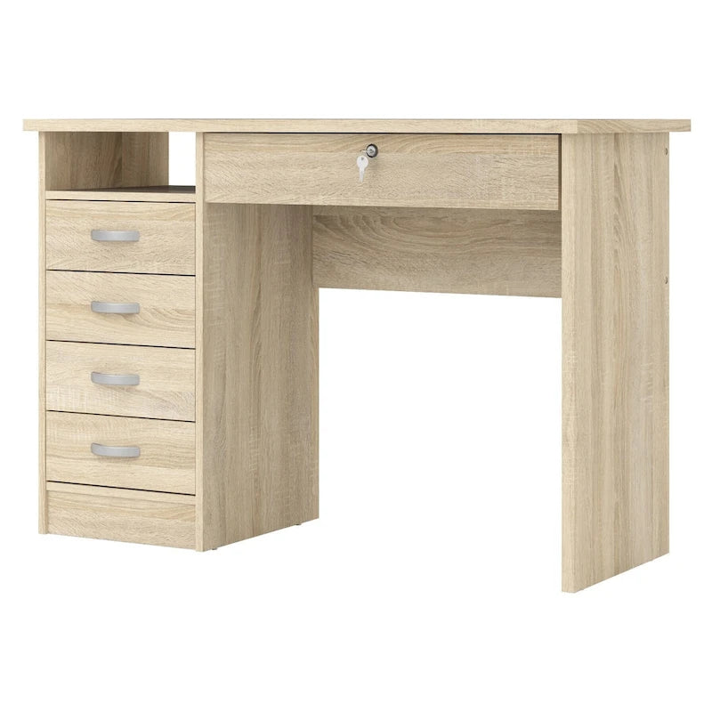 Bureau de travail 5 tiroirs Chêne / Blanc / Noir Veiné – 1 personne