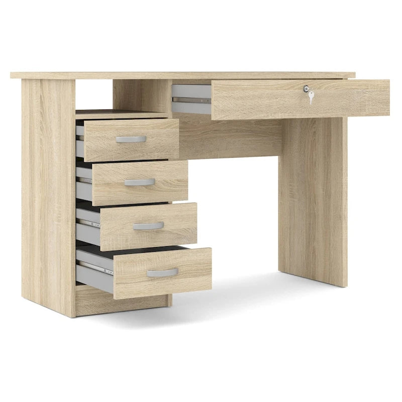 Bureau de travail 5 tiroirs Chêne / Blanc / Noir Veiné – 1 personne
