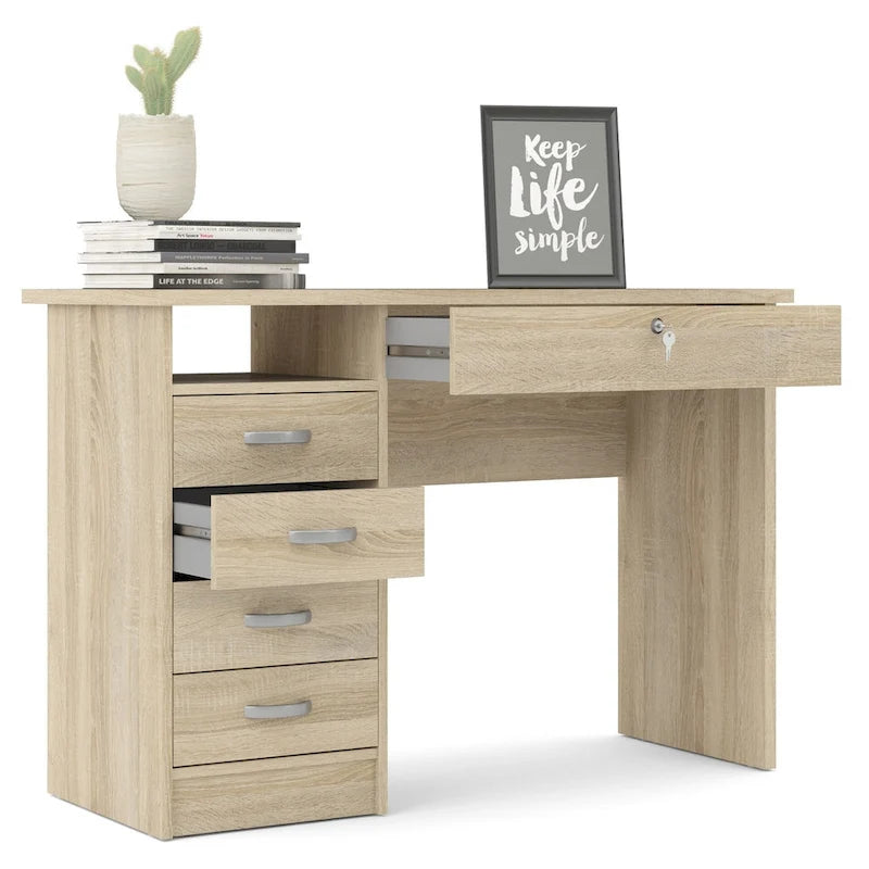 Bureau de travail 5 tiroirs Chêne / Blanc / Noir Veiné – 1 personne