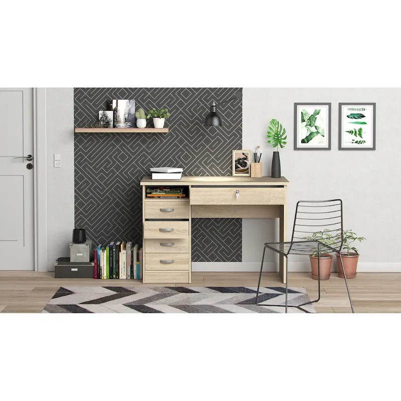 Bureau de travail 5 tiroirs Chêne / Blanc / Noir Veiné – 1 personne