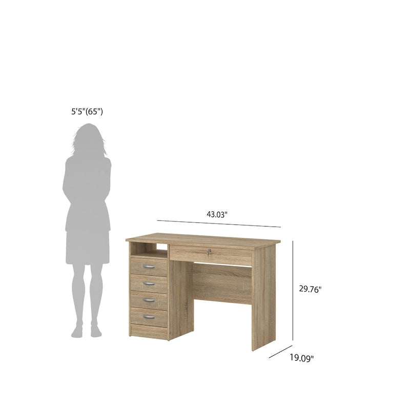 Bureau de travail 5 tiroirs Chêne / Blanc / Noir Veiné – 1 personne