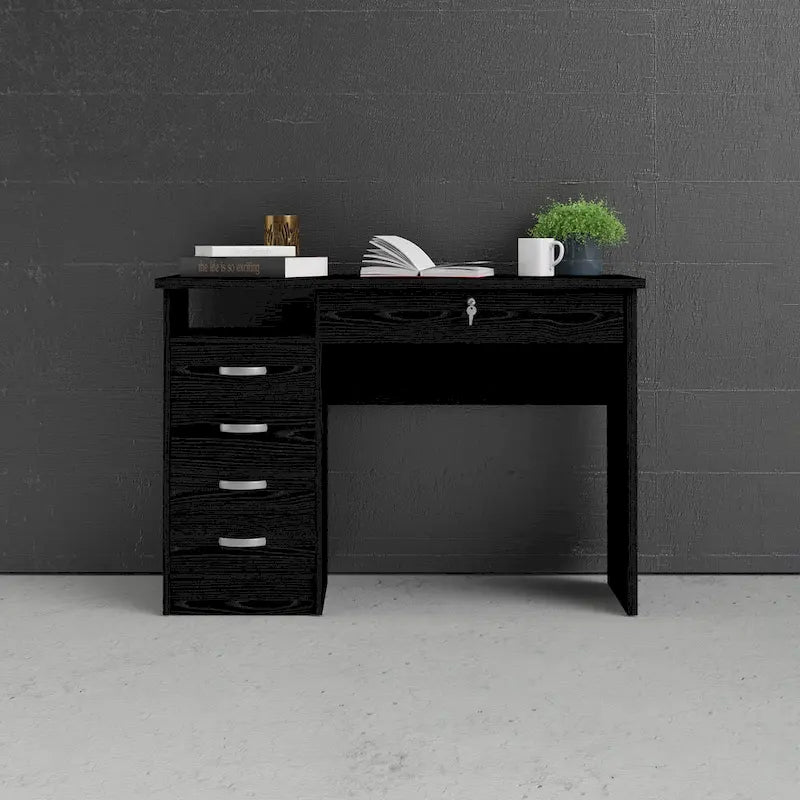 Bureau de travail 5 tiroirs Chêne / Blanc / Noir Veiné – 1 personne