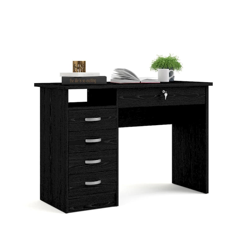 Bureau de travail 5 tiroirs Chêne / Blanc / Noir Veiné – 1 personne