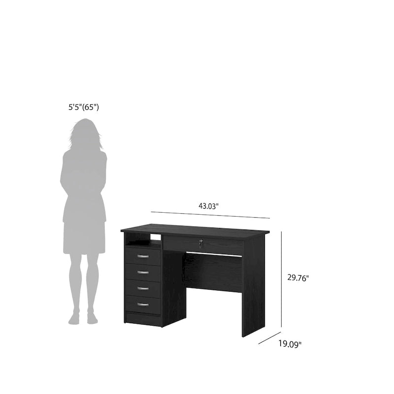Bureau de travail 5 tiroirs Chêne / Blanc / Noir Veiné – 1 personne