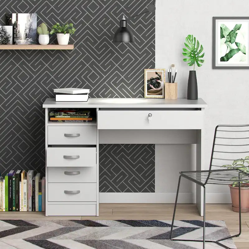 Bureau de travail 5 tiroirs Chêne / Blanc / Noir Veiné – 1 personne
