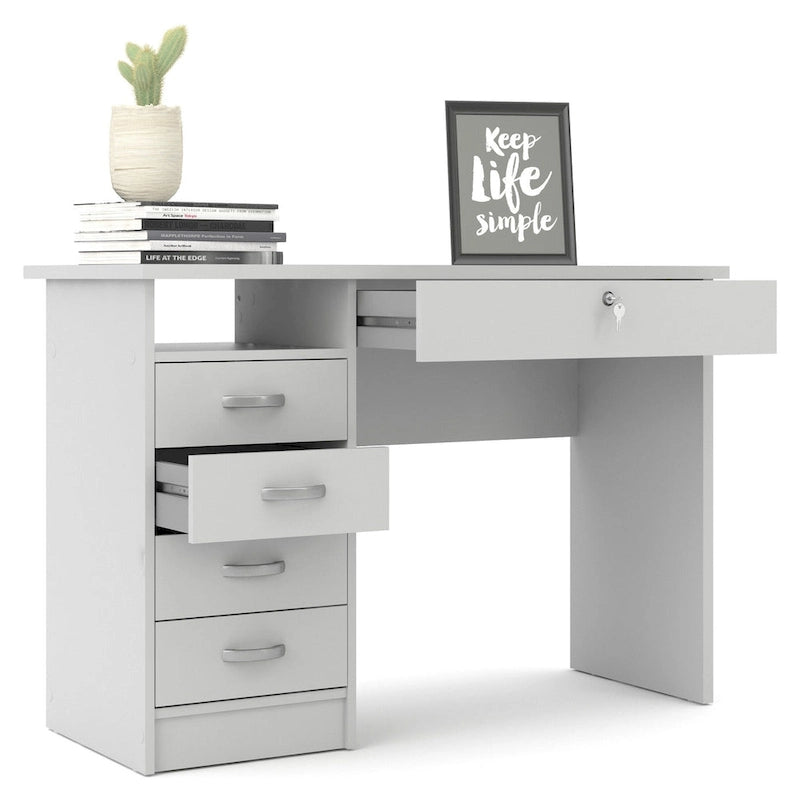 Bureau de travail 5 tiroirs Chêne / Blanc / Noir Veiné – 1 personne