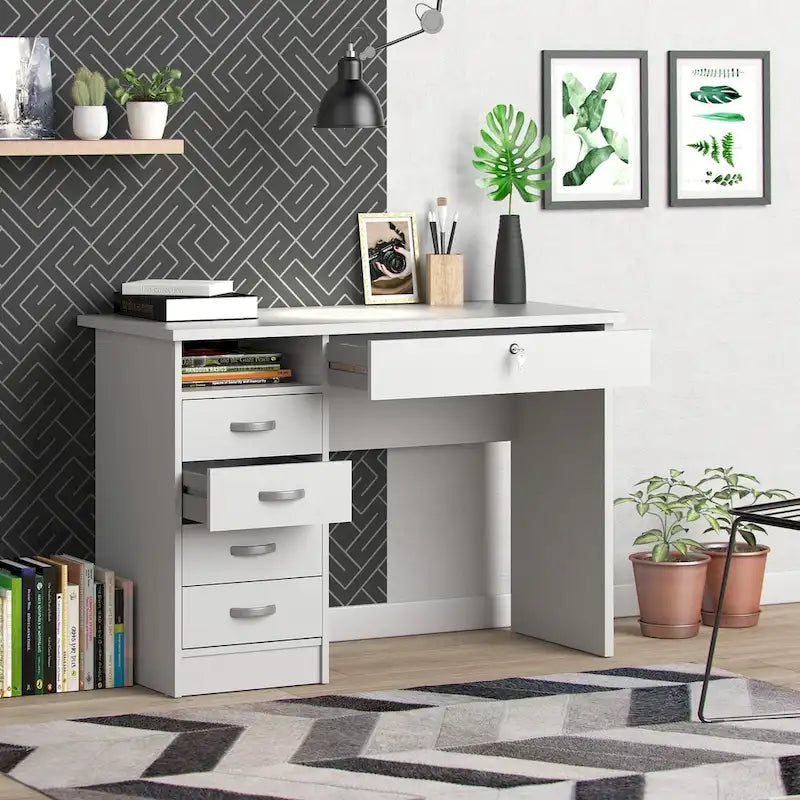 Bureau de travail 5 tiroirs Chêne / Blanc / Noir Veiné – 1 personne