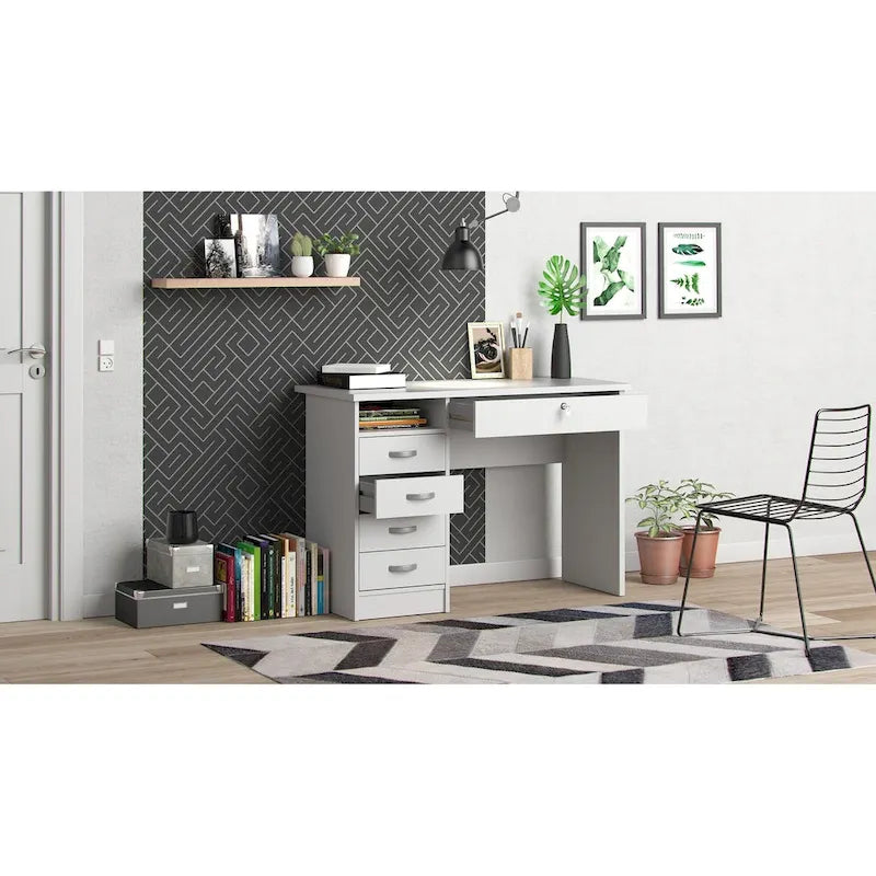 Bureau de travail 5 tiroirs Chêne / Blanc / Noir Veiné – 1 personne
