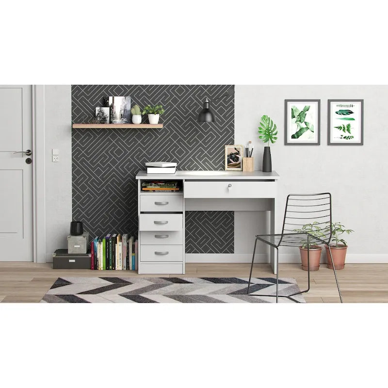 Bureau de travail 5 tiroirs Chêne / Blanc / Noir Veiné – 1 personne