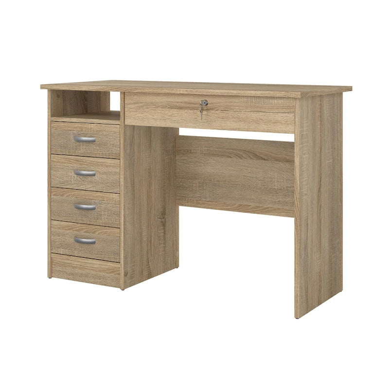 Bureau de travail 5 tiroirs Chêne / Blanc / Noir Veiné – 1 personne