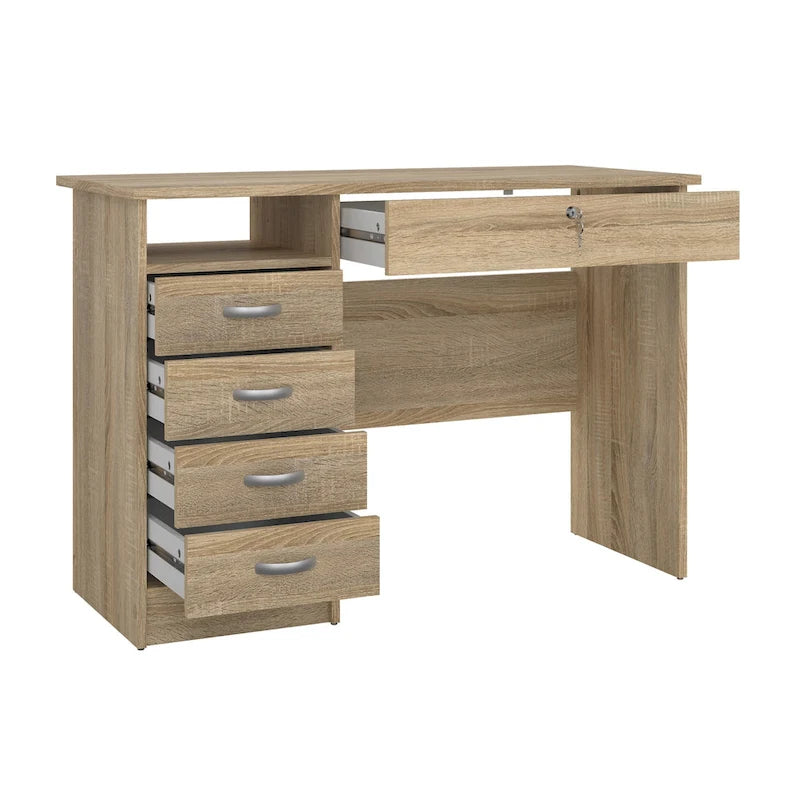 Bureau de travail 5 tiroirs Chêne / Blanc / Noir Veiné – 1 personne