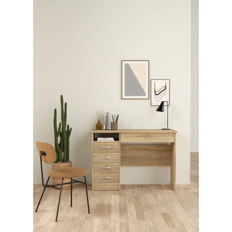 Bureau de travail 5 tiroirs Chêne / Blanc / Noir Veiné – 1 personne