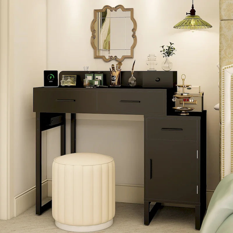 Coiffeuse avec station de charge, 4 tiroirs et armoire réversible – Rose / Noir / Blanc / Cyan, 1 personne