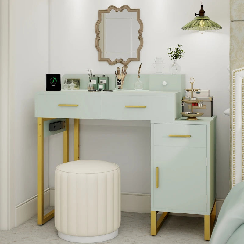 Coiffeuse avec station de charge, 4 tiroirs et armoire réversible – Rose / Noir / Blanc / Cyan, 1 personne