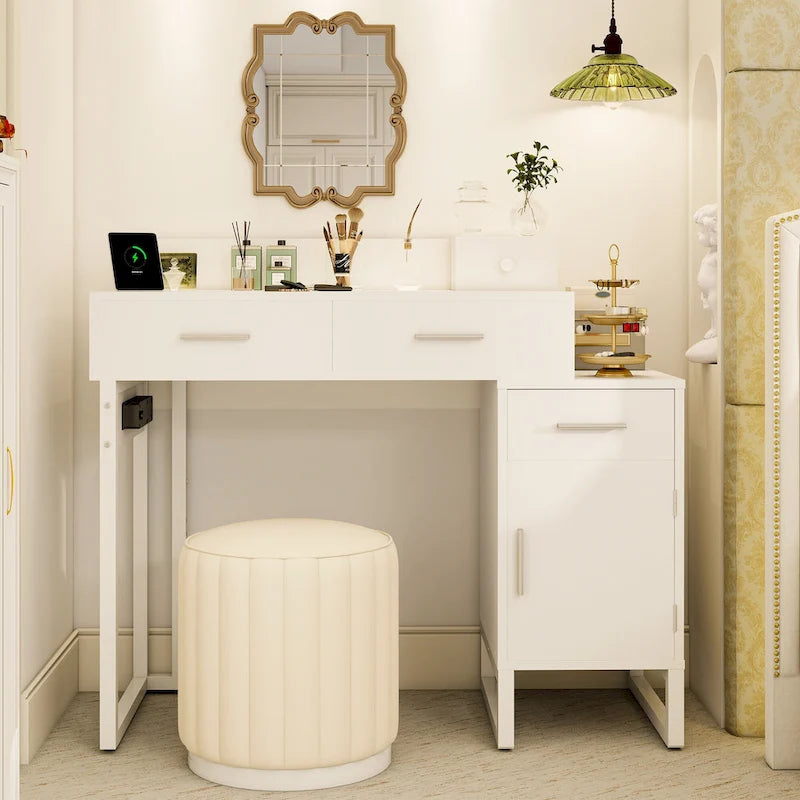 Coiffeuse avec station de charge, 4 tiroirs et armoire réversible – Rose / Noir / Blanc / Cyan, 1 personne