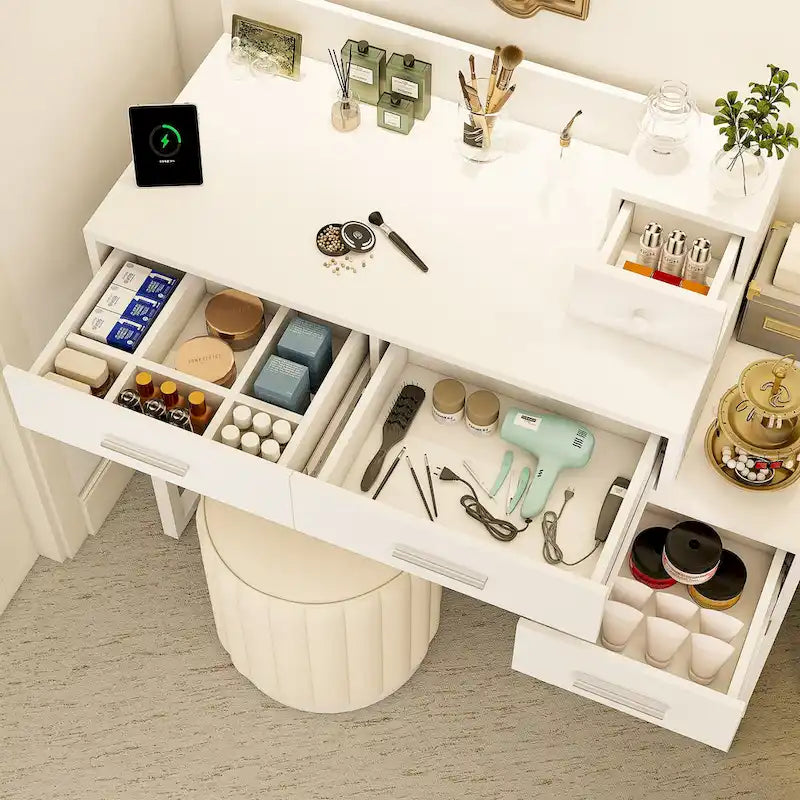 Coiffeuse avec station de charge, 4 tiroirs et armoire réversible – Rose / Noir / Blanc / Cyan, 1 personne