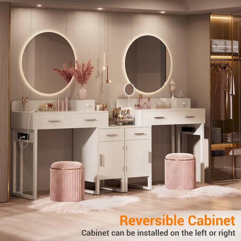 Coiffeuse avec station de charge, 4 tiroirs et armoire réversible – Rose / Noir / Blanc / Cyan, 1 personne