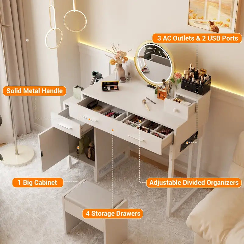 Coiffeuse avec station de charge, 4 tiroirs et armoire réversible – Rose / Noir / Blanc / Cyan, 1 personne