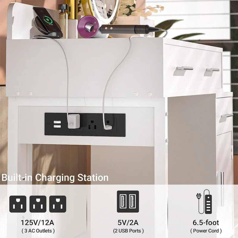 Coiffeuse avec station de charge, 4 tiroirs et armoire réversible – Rose / Noir / Blanc / Cyan, 1 personne