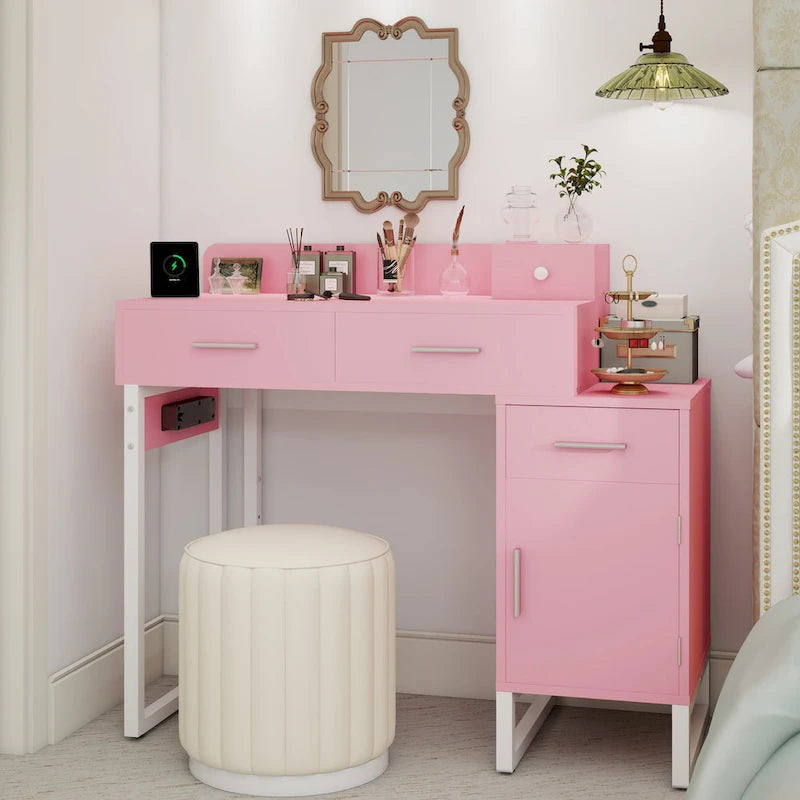Coiffeuse avec station de charge, 4 tiroirs et armoire réversible – Rose / Noir / Blanc / Cyan, 1 personne