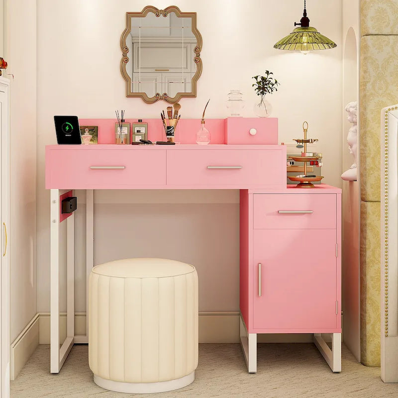 Coiffeuse avec station de charge, 4 tiroirs et armoire réversible – Rose / Noir / Blanc / Cyan, 1 personne