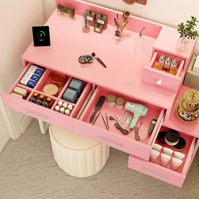 Coiffeuse avec station de charge, 4 tiroirs et armoire réversible – Rose / Noir / Blanc / Cyan, 1 personne