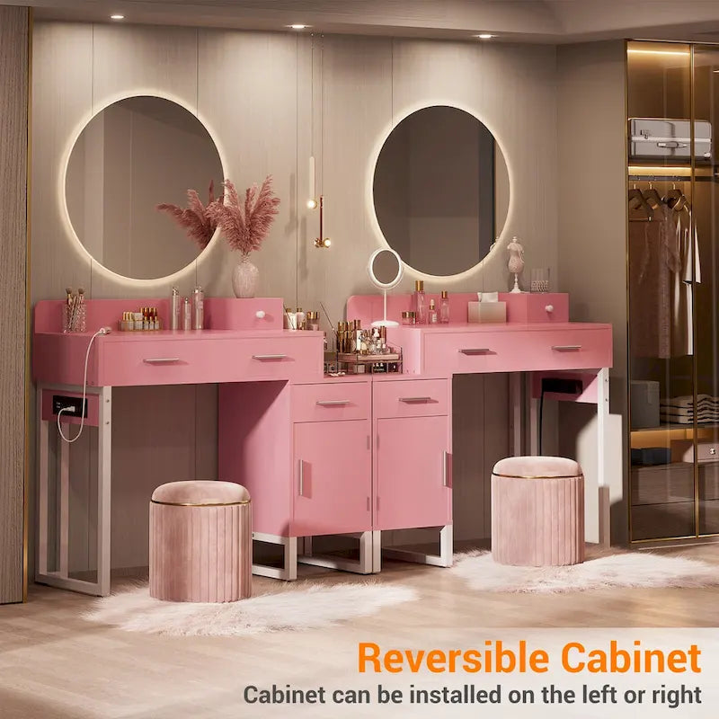 Coiffeuse avec station de charge, 4 tiroirs et armoire réversible – Rose / Noir / Blanc / Cyan, 1 personne
